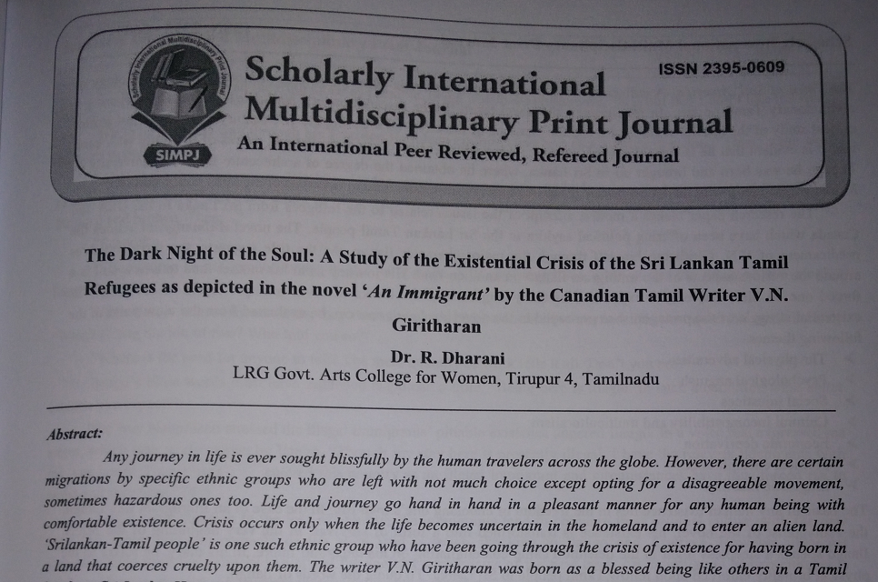 வாசிப்பும், யோசிப்பும் 223 : 'The Dark Night of the Soul : A Study of the Existential Crisis of the Sri Lankan Tamil Refugees as depicted in the novel An Immigrant by the Canadian Tamil Writer V.N. Giritharan' by Dr.R.Dharani