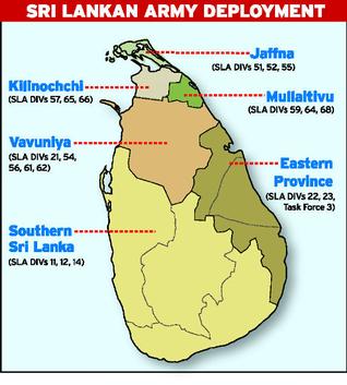 விடுதலைப் புலிகளுக்கு எதிரான போரில் வெற்றிபெற்று மூன்று ஆண்டுகளுக்கு மேலாகியும் தீவின் வட - கிழக்கில் சிறீலங்கா இராணுவம் மிகப் பெரிய அளவில் தனது இருப்பை வசமாக வைத்துக் கொண்டுள்ளது. தமிழர் பெரும்பான்மையாக இருக்கும் பகுதிகளில் 19 பிரிவுகளில் 16 பிரிவுகளை நிறுத்தி வைத்துள்ளது. இந்துவுக்குக் கிடைத்திருக்கும் தகவல் படி யாழ்ப்பாணத்தில் உள்ள மூன்று பிரிவுகள் நீங்கலாக கிளிநொச்சி மற்றும் முல்லைத்தீவில் தலா மூன்று பிரிவுகளை நிறுத்தியுள்ளது. வவுனியாவில் அய்ந்து பிரிவுகளை நிறுத்தியுள்ளது. இவற்றைவிட மேலும் இரண்டு பிரிவுகள் கிழக்கில் நிறுத்தப்பட்டுள்ளன. மூன்று பிரிவுகள் தென்னிலங்கையில் நிறுத்தப்பட்டுள்ளன. 